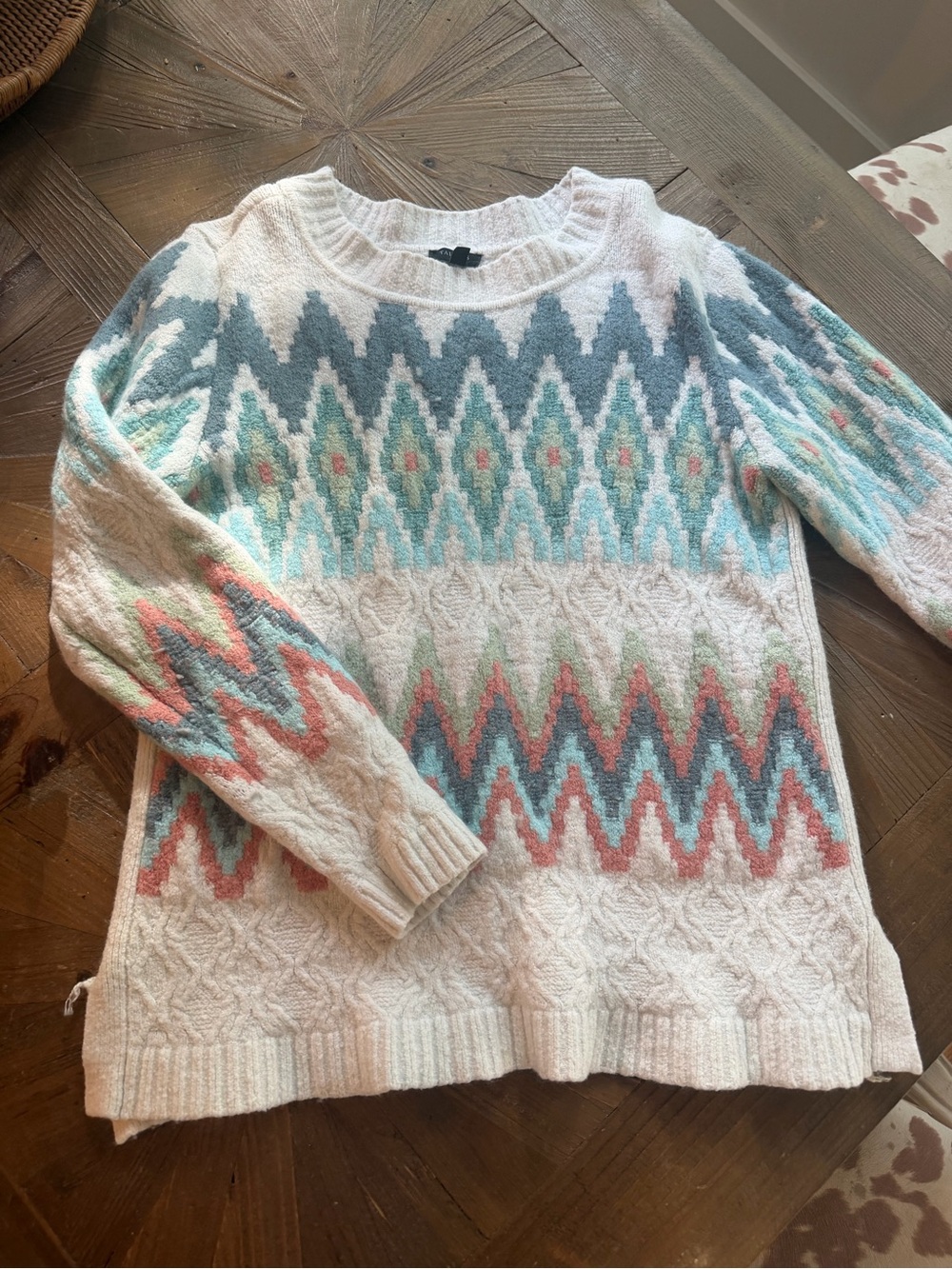 Talbots Cream Crewneck Sweater with Teal, Coral & Gray Chevron